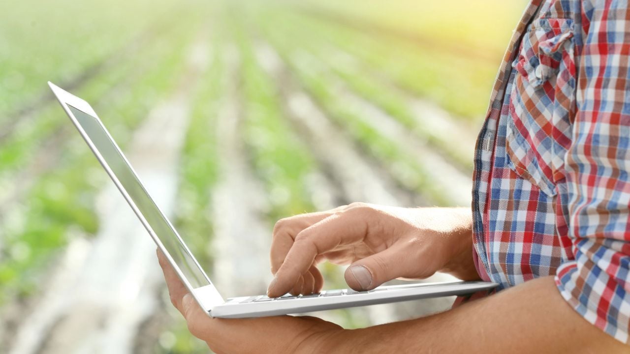 A agricultural worker working on his laptop in the field